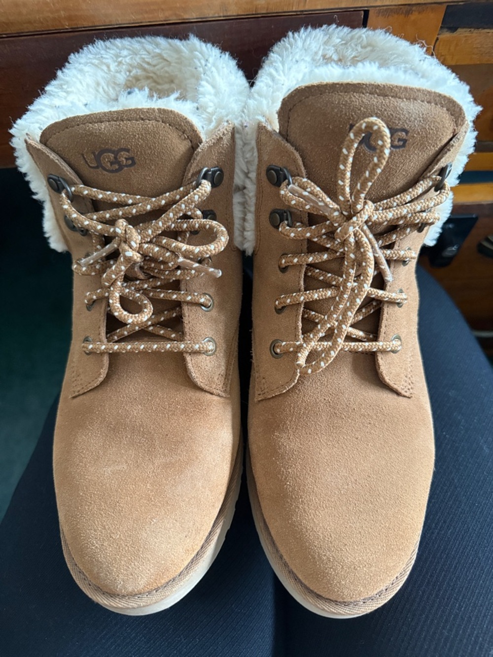 UGG Chestnut Suede Lace-Up Winter Boots with Faux Shearling